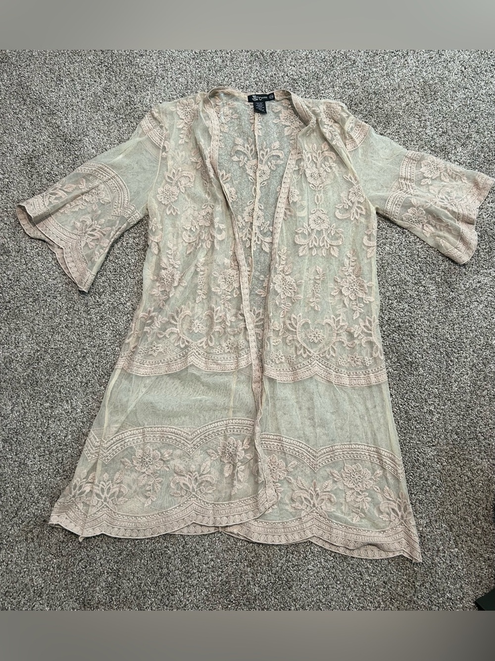 Miss Chievous Sheer Embroidered Lace Kimono Cardigan Tan Color Size S/M
